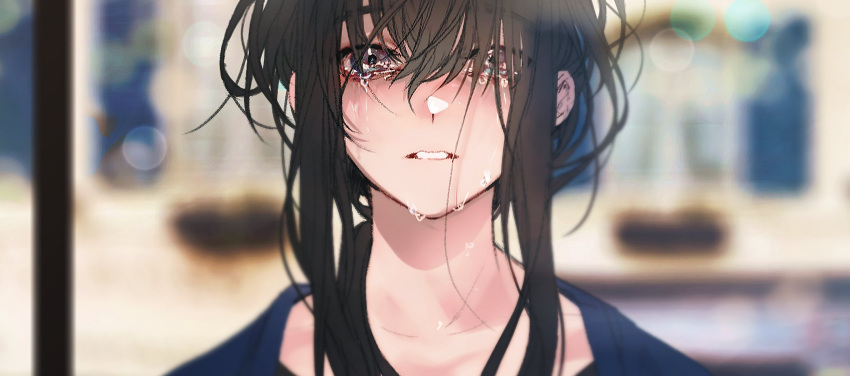 1girl asymmetrical_bangs bangs black_eyes black_hair blurry blurry_background collarbone crying crying_with_eyes_open dancing_stew depth_of_field hair_between_eyes hair_over_shoulder highres long_hair looking_at_viewer messy_hair original shirt sidelocks solo tears teeth upper_body