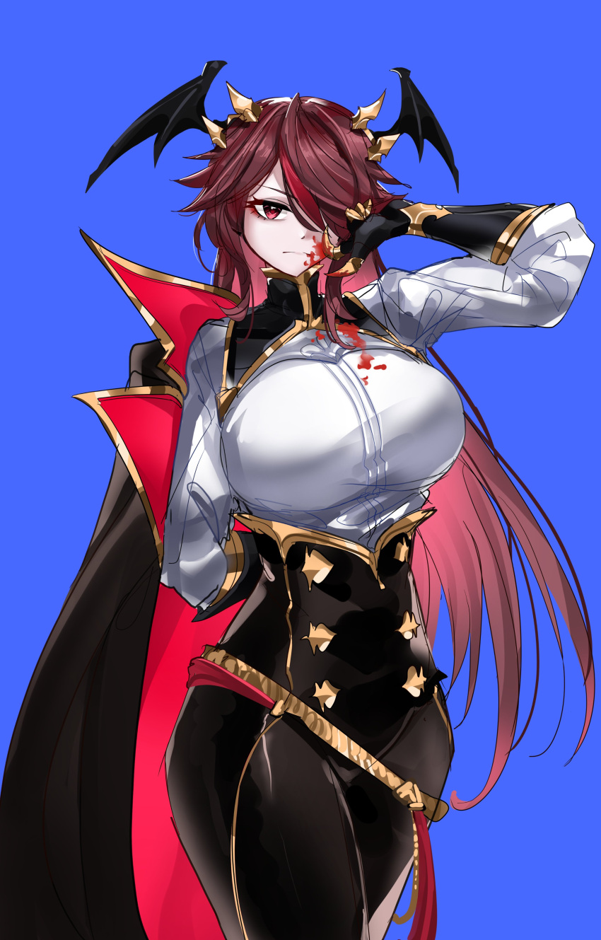 1girl absurdres blood blood_on_clothes blood_on_face blue_background breasts cape casul clawed_gauntlets gauntlets genshin_impact hair_over_one_eye head_wings highres large_breasts looking_at_viewer multicolored_hair over_shoulder purple_hair red_eyes rosaria_(genshin_impact) simple_background solo streaked_hair two-tone_cape