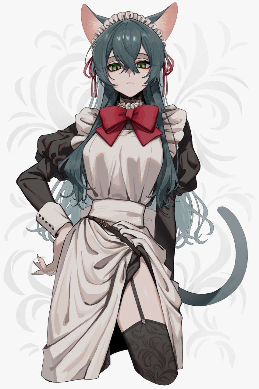 1girl absurdres animal_ears apron bangs belt bow breasts cat_ears cat_girl cat_tail closed_mouth cowboy_shot eyebrows_visible_through_hair green_eyes hair_between_eyes hand_on_hip highres itou_(very_ito) lingerie long_hair long_sleeves looking_at_viewer maid maid_apron medium_breasts original pantyhose red_bow red_ribbon ribbon serious solo tail underwear very_long_hair white_background