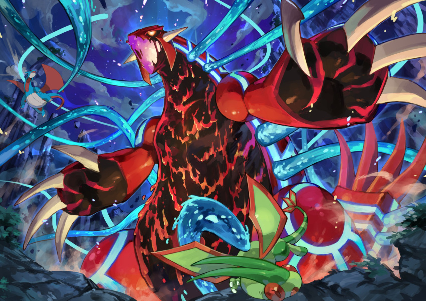 claws clouds commentary fang flygon flying from_below glowing glowing_eyes groudon highres night open_mouth outdoors pokemon pokemon_(anime) pokemon_(classic_anime) pokemon_(creature) pokemon_m04 salamence sky spikes tapioka_chaso tongue water_drop