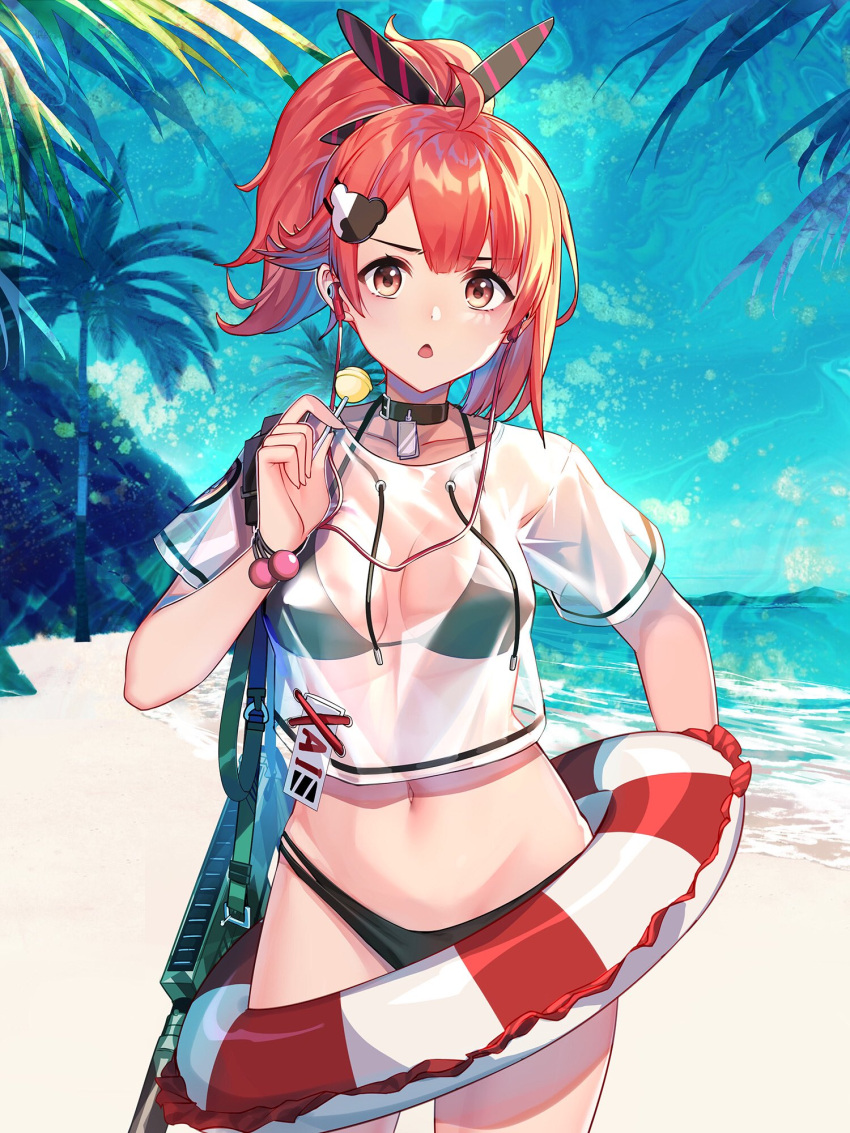 1girl bangs beach bikini breasts commission gendo0032 hair_ornament highres lifebuoy looking_at_viewer medium_breasts original red_eyes redhead see-through see-through_shirt solo swimsuit