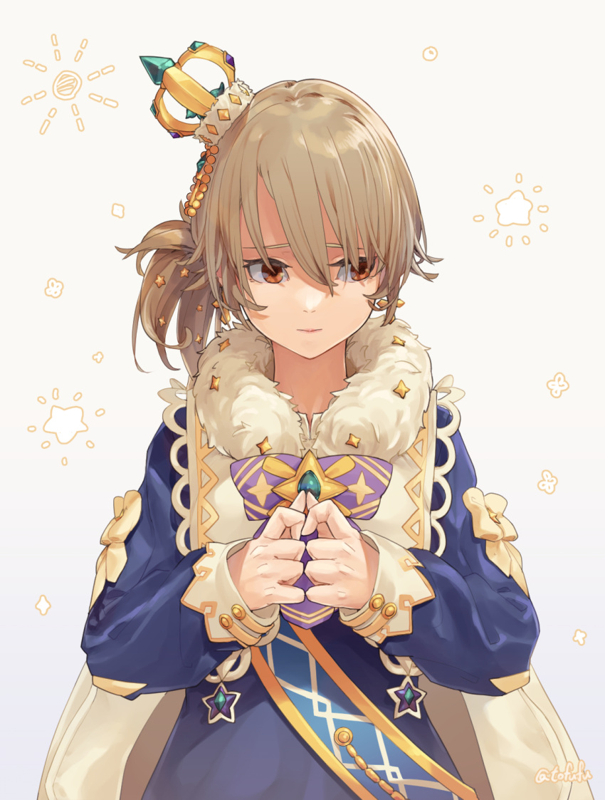 blue_dress cape crown dress earrings eyebrows_hidden_by_hair fuwafuwatoufu hair_over_eyes highres idolmaster idolmaster_cinderella_girls idolmaster_cinderella_girls_starlight_stage jewelry light_brown_hair long_sleeves morikubo_nono orange_eyes own_hands_together tilted_headwear upper_body