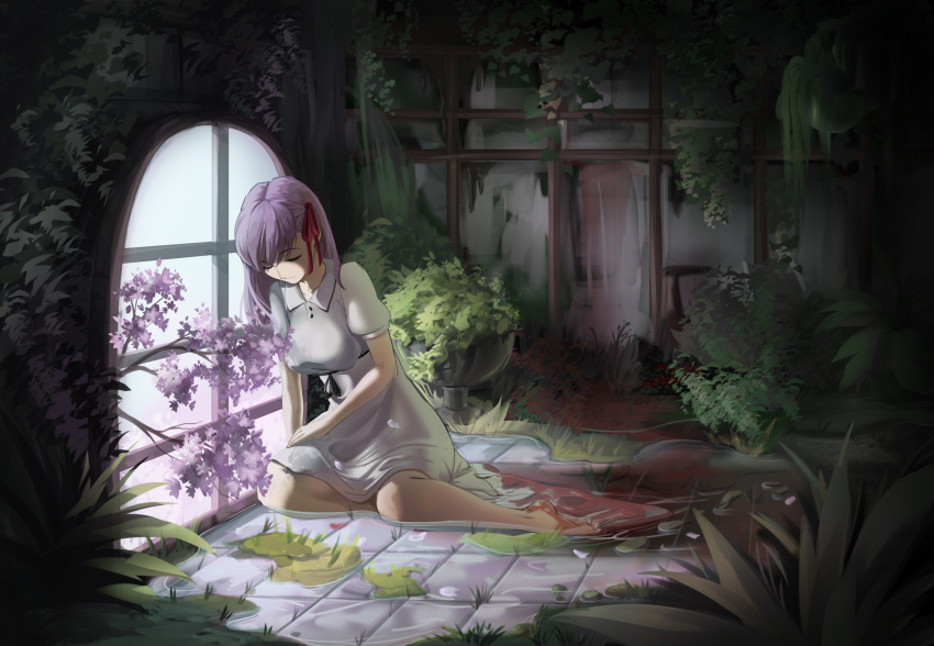 1girl allen_riv bangs barefoot blood breasts closed_eyes closed_mouth dress fate/stay_night fate_(series) hair_ribbon highres indoors light looking_down matou_sakura on_ground plant puffy_sleeves purple_hair ribbon sitting solo tile_floor tiles wet_floor white_dress window