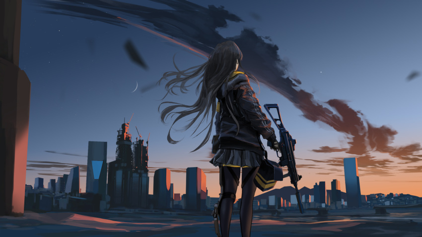 1girl absurdres beett city cityscape clouds desert dusk girls_frontline gun h&amp;k_ump45 highres holding holding_gun holding_weapon long_hair moon night night_sky orange_sky ruins scenery side_ponytail sky solo submachine_gun ump45_(girls'_frontline) weapon