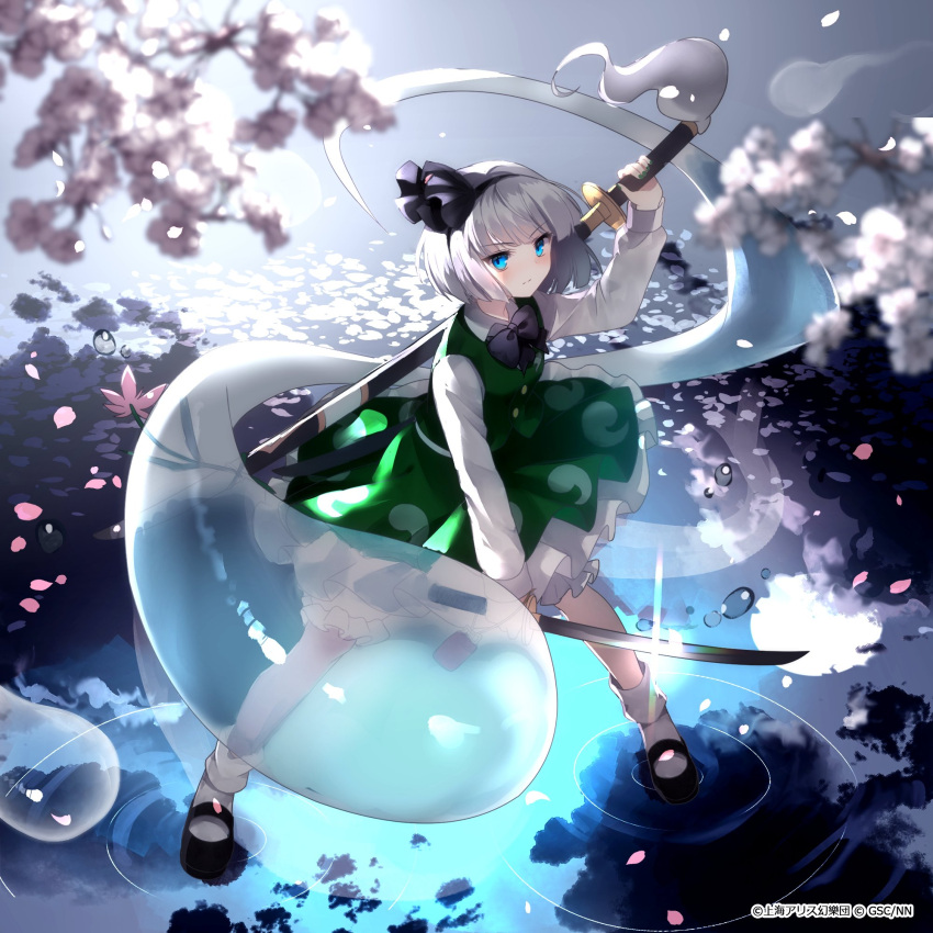 1girl :/ bangs black_footwear black_headband black_neckwear blue_eyes bob_cut bobby_socks bow branch cherry_blossoms commentary_request dual_wielding eyebrows_visible_through_hair full_body green_skirt green_vest headband highres hitodama hitodama_print holding katana konpaku_youmu konpaku_youmu_(ghost) long_sleeves looking_at_viewer mary_janes reflection ripples sakizaki_saki-p scabbard serious sheath shine shirt shoes short_hair silver_hair skirt socks solo standing sword touhou tree v-shaped_eyebrows vest water water_drop weapon white_legwear white_shirt white_sleeves