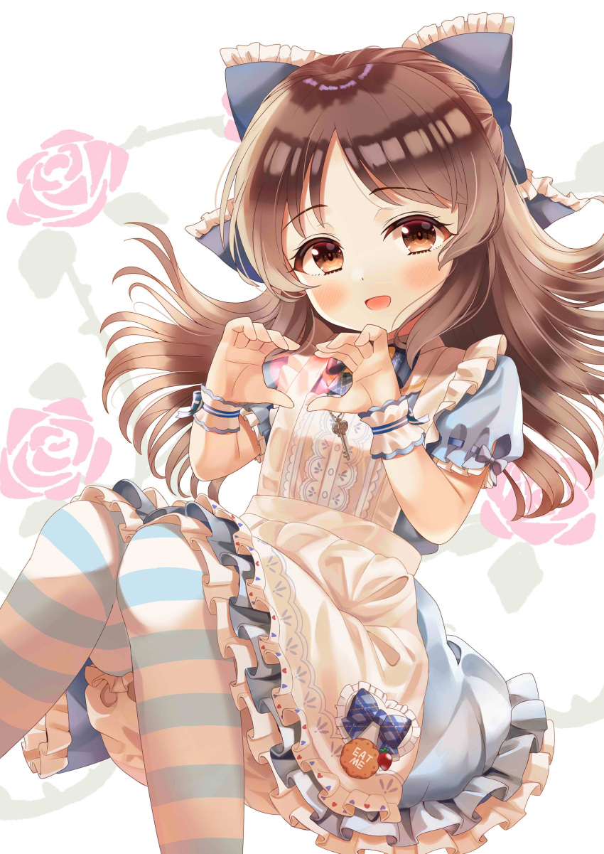 1girl :d absurdres apron bangs black_bow bloomers blue_dress blush bow brown_eyes brown_hair child commentary_request dress eyebrows_visible_through_hair feet_out_of_frame floral_background frilled_apron frilled_bow frills hair_bow hands_up heart heart_hands highres idolmaster idolmaster_cinderella_girls idolmaster_cinderella_girls_starlight_stage knees_together_feet_apart long_hair looking_at_viewer open_mouth pantyhose parted_bangs puffy_short_sleeves puffy_sleeves ribbon-trimmed_sleeves ribbon_trim rose_background short_sleeves smile solo striped striped_legwear tachibana_arisu underwear very_long_hair white_apron white_background white_bloomers wrist_cuffs yata_(yatao_zzz)