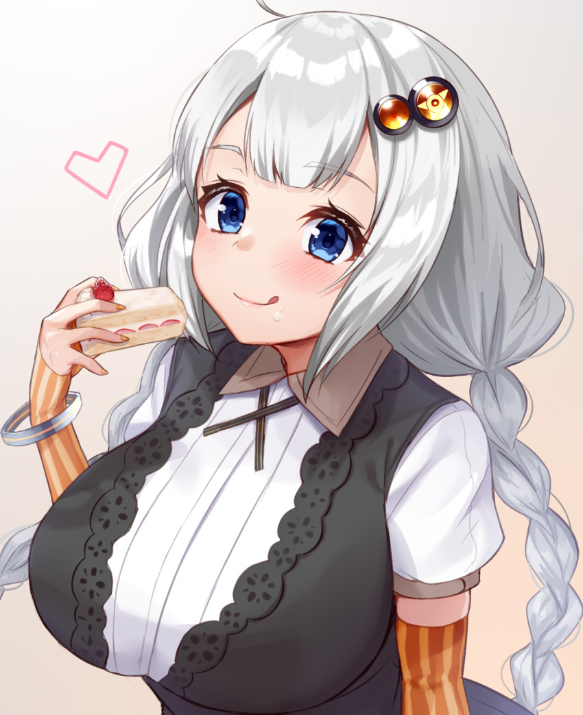1girl blue_eyes blush braid breasts closed_mouth food food_on_face heart highres holding holding_food huge_breasts kizuna_akari long_hair puffy_short_sleeves puffy_sleeves short_sleeves silver_hair smile solo strawberry_shortcake tenneko_yuuri tongue tongue_out twin_braids upper_body voiceroid