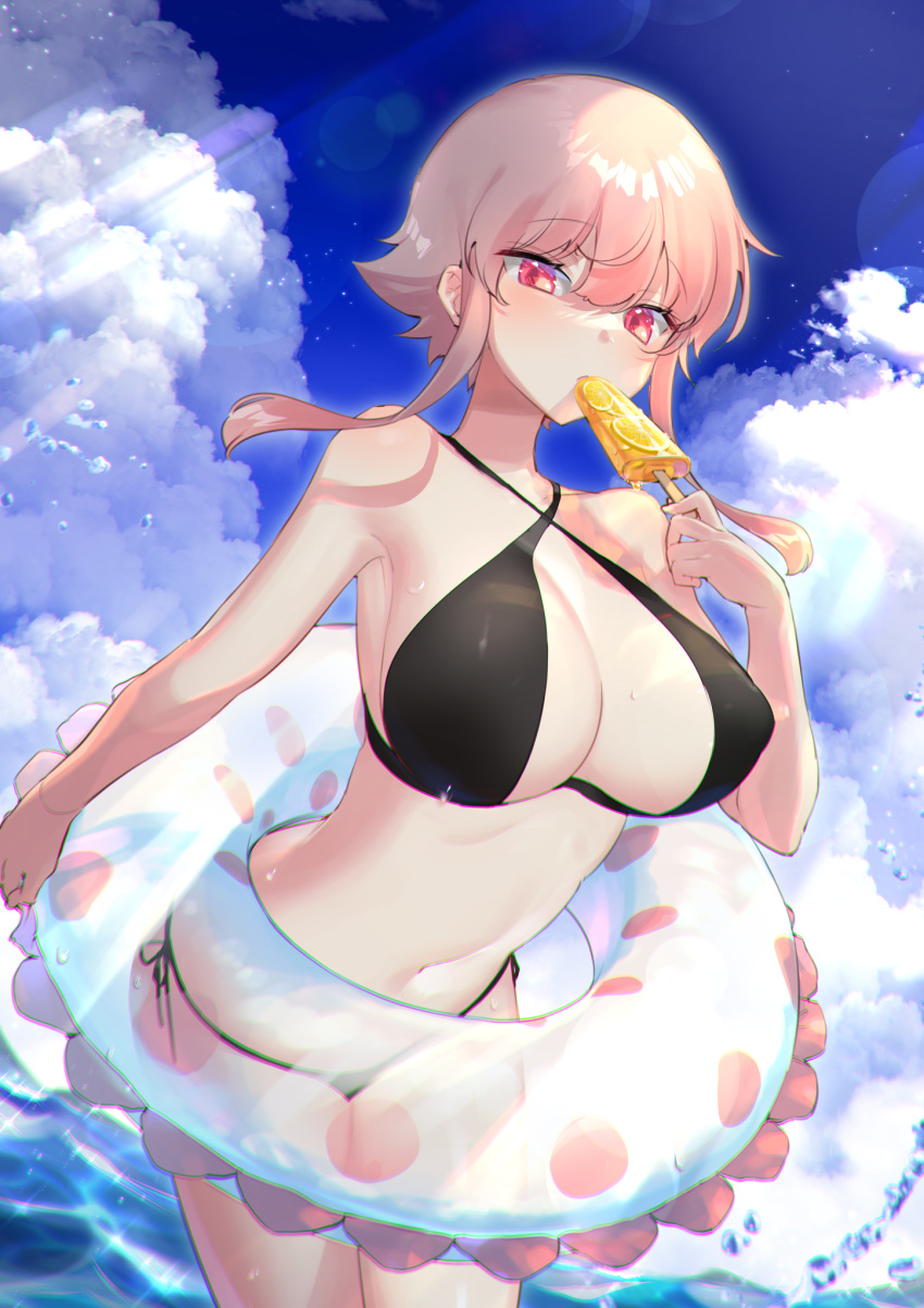 1girl aizenpochi bikini bikini_day black_bikini blue_sky breasts clouds commentary_request criss-cross_halter day food frilled_innertube halterneck hand_up highres holding holding_food holding_innertube innertube large_breasts looking_at_viewer navel original outdoors pink_eyes pink_hair popsicle side-tie_bikini sky solo standing swimsuit water