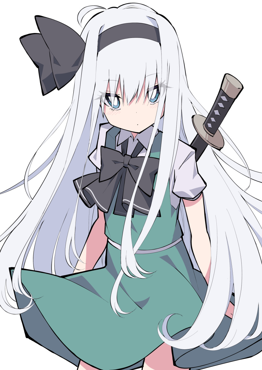 1girl alternate_hair_length alternate_hairstyle black_hairband black_neckwear blue_eyes blush bow bowtie dress eyebrows_visible_through_hair eyes_visible_through_hair green_dress hairband highres katana konpaku_youmu long_hair looking_at_viewer short_sleeves simple_background solo sword touhou tsukimirin weapon white_background white_hair