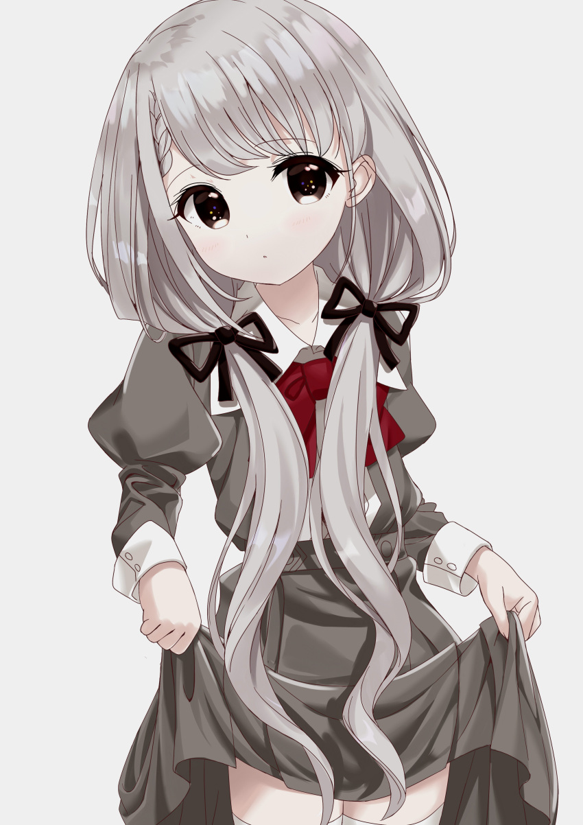 1girl absurdres bangs black_ribbon bow braid braided_bangs brown_eyes closed_mouth collared_shirt commentary_request eyebrows_visible_through_hair grey_background grey_hair grey_jacket grey_skirt hair_over_shoulder hair_ribbon highres hisakawa_nagi idolmaster idolmaster_cinderella_girls jacket juliet_sleeves long_sleeves looking_at_viewer low_twintails puffy_sleeves red_bow ribbon shirt simple_background skirt skirt_hold solo thigh-highs twintails white_legwear white_shirt yata_(yatao_zzz)