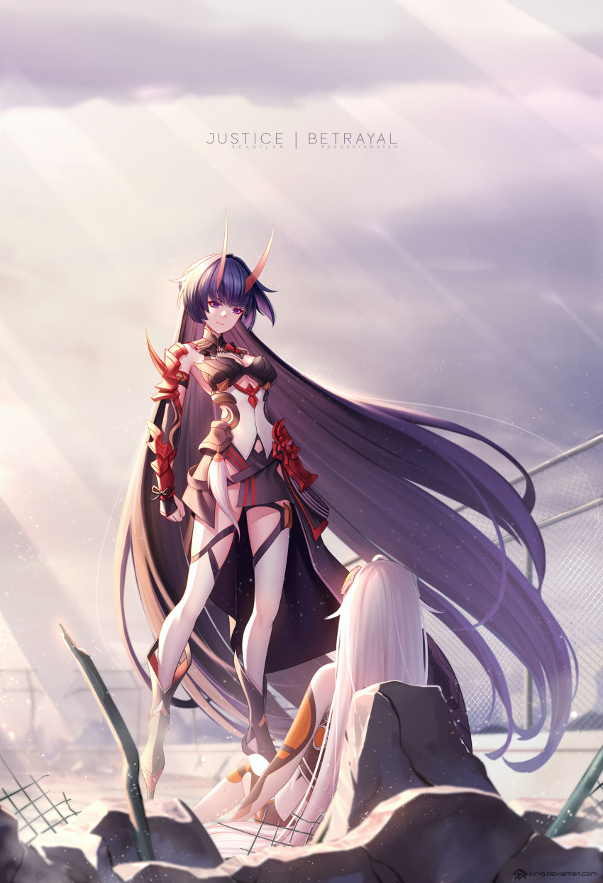 2girls armor back_turned bangs blunt_bangs bodysuit breasts center_opening cleavage_cutout clenched_hand clothing_cutout clouds cloudy_sky debris fence full_body high_heels highres honkai_(series) honkai_impact_3rd horns jurrig kiana_kaslana legs_apart long_hair looking_at_another multiple_girls oni_horns raiden_mei_(herrscher_of_thunder) rooftop sitting sky split_mouth spread_legs standing sunlight thigh-highs very_long_hair violet_eyes white_hair