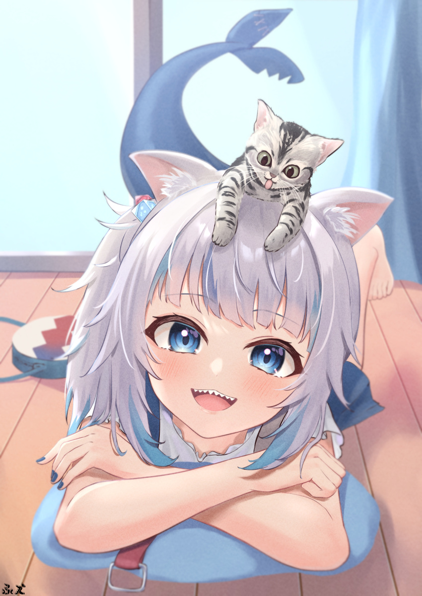 1girl :d animal_ear_fluff animal_ears animal_on_head bag bangs barefoot blue_eyes blue_hair blue_nails blush cat cat_ears cat_on_head commentary crossed_arms curtains eyebrows_visible_through_hair fish_tail fue_(lars0713) gawr_gura highres hololive hololive_english indoors looking_at_viewer lying medium_hair multicolored_hair nail_polish on_head on_stomach shark_tail sharp_teeth side_ponytail sidelocks silver_hair smile solo streaked_hair tail teeth virtual_youtuber wooden_floor