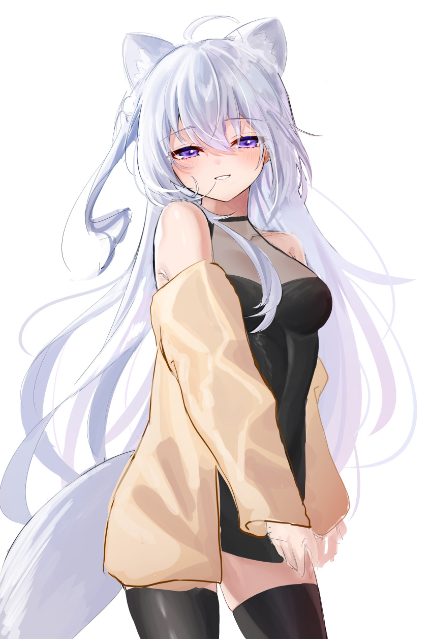 1girl absurdres animal_ear_fluff animal_ears bangs bare_shoulders black_dress black_legwear blush breasts cowboy_shot dress eyebrows_visible_through_hair hair_between_eyes highres jacket kuki_panda_(wkdwnsgk13) long_hair long_sleeves looking_at_viewer medium_breasts off_shoulder open_clothes open_jacket parted_lips silver_hair simple_background sketch smile solo tail thigh-highs very_long_hair violet_eyes vrchat white_background yellow_jacket zettai_ryouiki