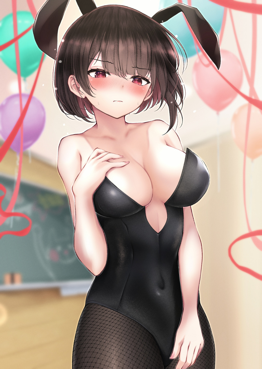 1girl absurdres animal_ears balloon black_hair black_leotard blush breasts copyright_request covered_navel cowboy_shot extra_ears eyebrows_visible_through_hair fake_animal_ears hand_on_breast highres kazanock large_breasts leotard long_hair pantyhose party rabbit_ears red_eyes short_hair solo strapless strapless_leotard streamers