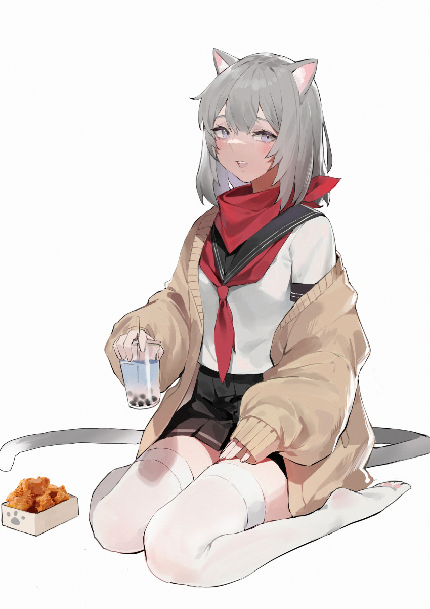 1girl absurdres animal_ears bandana bangs black_sailor_collar black_skirt blue_eyes blush brown_sweater bubble_tea cat_ears cat_tail commentary_request cup drinking_straw facial_hair full_body grey_hair highres holding holding_cup long_sleeves looking_at_viewer medium_hair miniskirt neckerchief off_shoulder open_mouth original pleated_skirt red_neckwear sailor_collar school_uniform sdustz serafuku shirt short_sleeves simple_background sitting skirt sleeve_cuffs sleeves_past_wrists solo sweater tail thigh-highs wariza white_background white_legwear white_shirt zettai_ryouiki