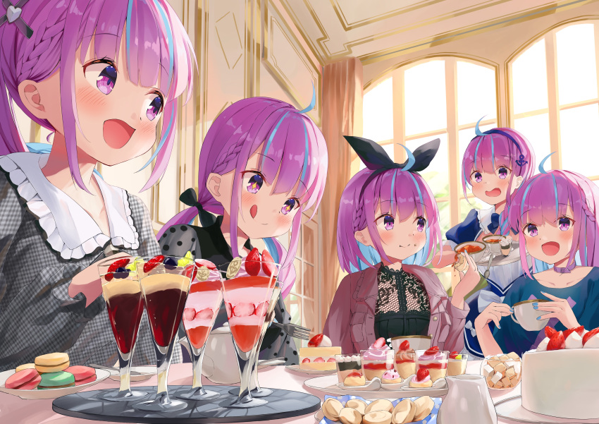 5girls :d :q absurdres anchor_hair_ornament bangs black_hairband black_ribbon blue_hair blue_hairband blue_nails blue_skirt bow_hairband braid cake closed_mouth collar colored_inner_hair commentary_request cup eating eyebrows_visible_through_hair food food_on_face frilled_shirt_collar frills grey_shirt hair_ornament hair_ribbon hairband highres holding holding_cup holding_food holding_tray hololive indoors jacket long_hair looking_at_another matcha_(user_yyss8744) minato_aqua multicolored_hair multiple_girls multiple_persona nail_polish open_clothes open_jacket open_mouth parfait pink_jacket plate polka_dot polka_dot_shirt purple_collar purple_hair ribbon shirt short_hair skirt smile strawberry_cake sweets tongue tongue_out tray twintails violet_eyes virtual_youtuber