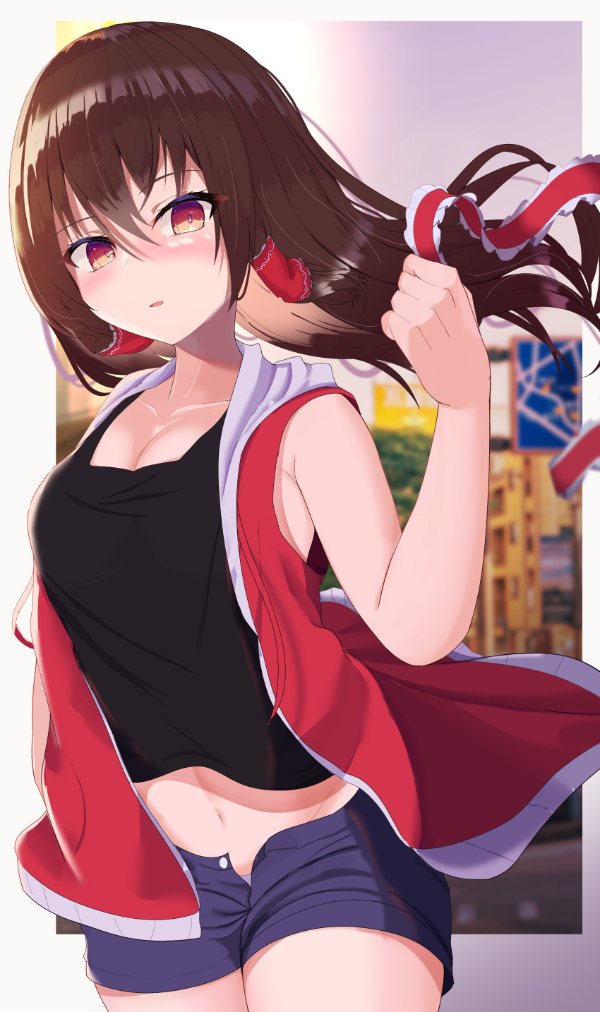 1girl absurdres alternate_costume bangs bare_shoulders blue_shorts blurry blurry_background brown_hair casual collarbone commentary_request eyebrows_visible_through_hair hair_between_eyes hair_tubes hakurei_reimu highres holding holding_ribbon hood hoodie looking_at_viewer navel open_fly open_mouth oreo_kirisame ribbon short_shorts shorts sleeveless solo tank_top touhou unbuttoned