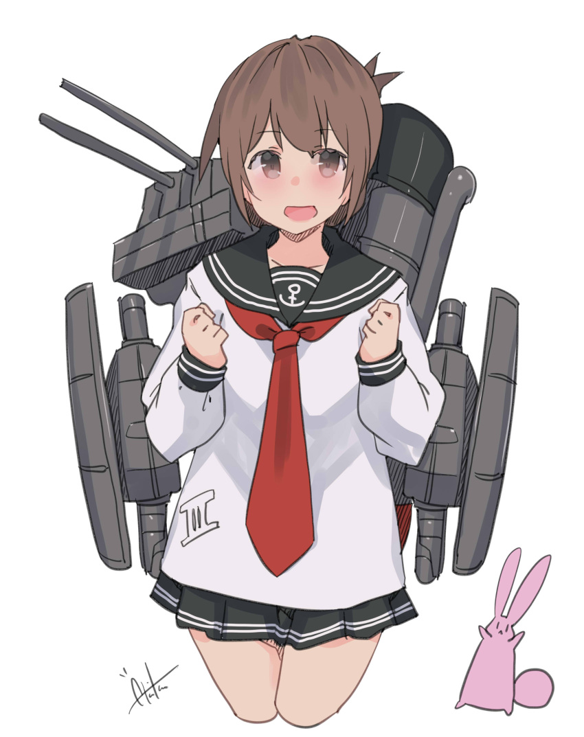 1girl absurdres black_sailor_collar black_skirt blush brown_eyes brown_hair cannon commentary cowboy_shot dated eyebrows_visible_through_hair highres inazuma_(kancolle) inica kantai_collection long_sleeves machinery necktie open_mouth pleated_skirt rabbit red_neckwear sailor_collar school_uniform serafuku shirt short_hair signature simple_background skirt smile smokestack solo torpedo_launcher turret uniform white_background white_shirt