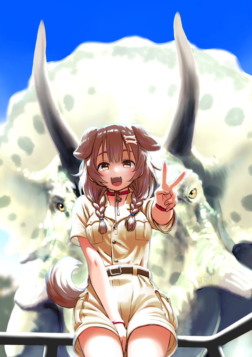 1girl :d animal_ears ark_survival_evolved belt belt_collar blue_sky braid brown_belt collar cowboy_shot day dog_ears dog_tail fangs highres inugami_korone jacket long_hair looking_at_viewer outdoors railing sabaku_chitai shorts sky smile solo standing tail triceratops twin_braids v wristband yellow_jacket yellow_shorts