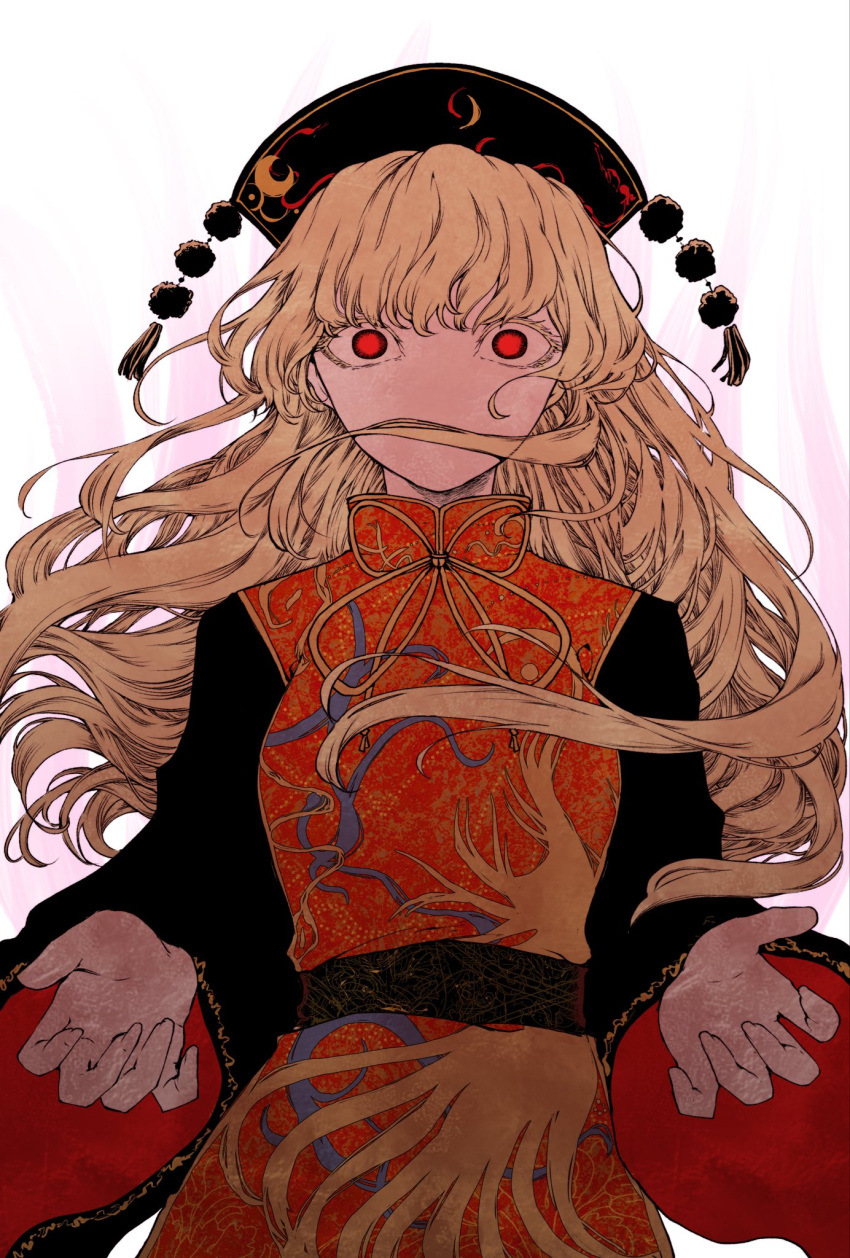 1girl bangs belt black_belt black_dress black_headwear blonde_hair bow bowtie breasts chinese_clothes crescent dress energy gradient hair_between_eyes hands_up hat highres jun_harukawa junko_(touhou) long_hair long_sleeves looking_away medium_breasts phoenix_crown pom_pom_(clothes) red_eyes red_vest simple_background solo tabard touhou vest white_background wide_sleeves yellow_bow yellow_neckwear
