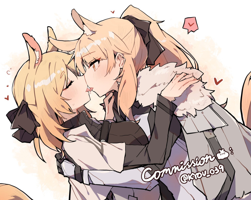 2girls animal_ear_fluff animal_ears arknights armor aunt_and_niece black_bow black_shirt blemishine_(arknights) blonde_hair blush bow closed_eyes commission dutch_angle extra_ears french_kiss fur-trimmed_armor gloves hair_bow hands_on_another's_shoulders heart highres horse_ears horse_girl horse_tail incest jacket kiss kyou_039 long_sleeves multiple_girls noses_touching ponytail saliva shirt spoken_heart sweatdrop tail tongue tongue_out twitter_username upper_body whislash_(arknights) white_jacket yellow_eyes yuri