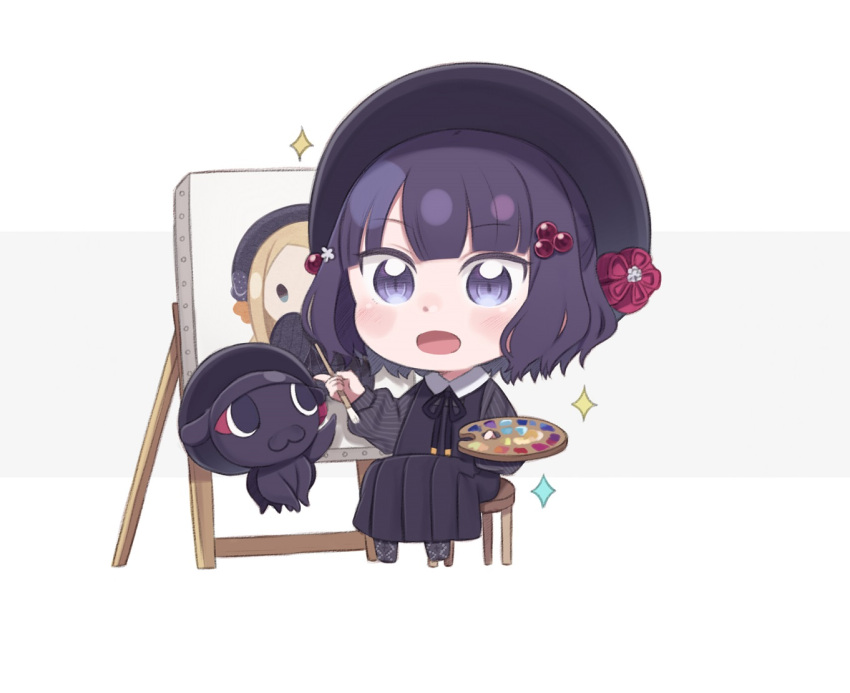 1girl :d abigail_williams_(fate) animal black_dress black_legwear black_shirt blush canvas_(object) chibi collared_shirt commentary_request cosplay dress easel fate/grand_order fate_(series) grey_background holding holding_paintbrush hololive hololive_english katsushika_hokusai_(fate) ninomae_ina'nis ninomae_ina'nis_(cosplay) octopus paintbrush painting painting_(object) pantyhose pleated_dress purple_hair shirt sitting sleeveless sleeveless_dress smile sparkle stool striped striped_shirt tokitarou_(fate) totatokeke two-tone_background violet_eyes virtual_youtuber white_background