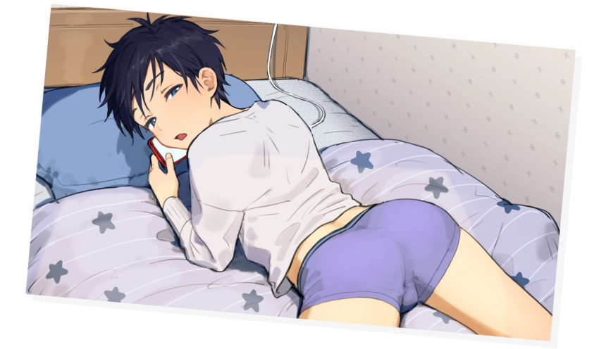 1boy ass bangs bed black_hair blanket blue_eyes boxer_briefs cable cellphone head_tilt highres holding holding_phone long_sleeves looking_at_viewer lying male_focus male_underwear on_stomach original parted_lips phone pillow pillow_(nutsfool) shirt smartphone solo star_(symbol) star_print underwear white_shirt