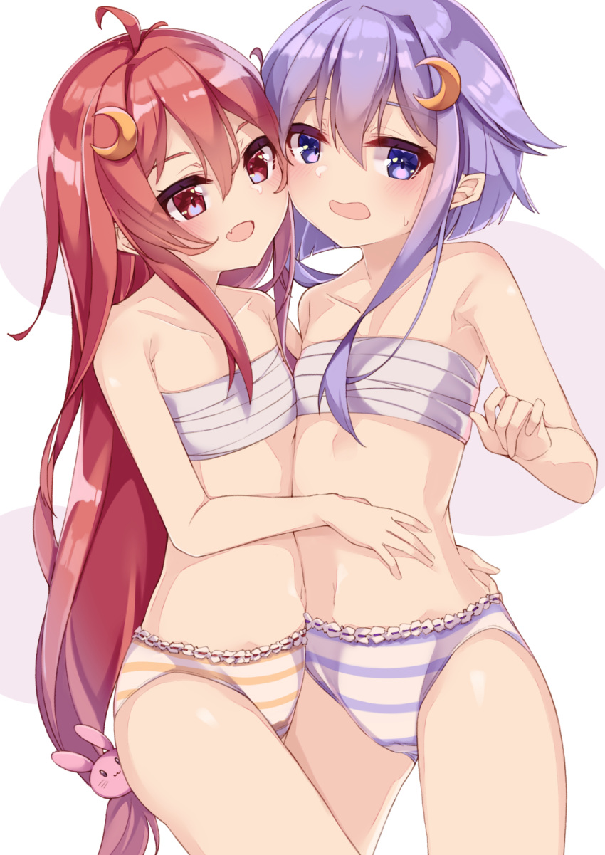 2girls bikini blush bunny_hair_ornament commentary_request crescent crescent_hair_ornament eyebrows_visible_through_hair flat_chest hair_ornament highres kantai_collection long_hair medium_hair multiple_girls navel open_mouth purple_hair red_eyes redhead sarashi smile stomach striped striped_bikini swimsuit uut uzuki_(kancolle) violet_eyes white_background yayoi_(kancolle)