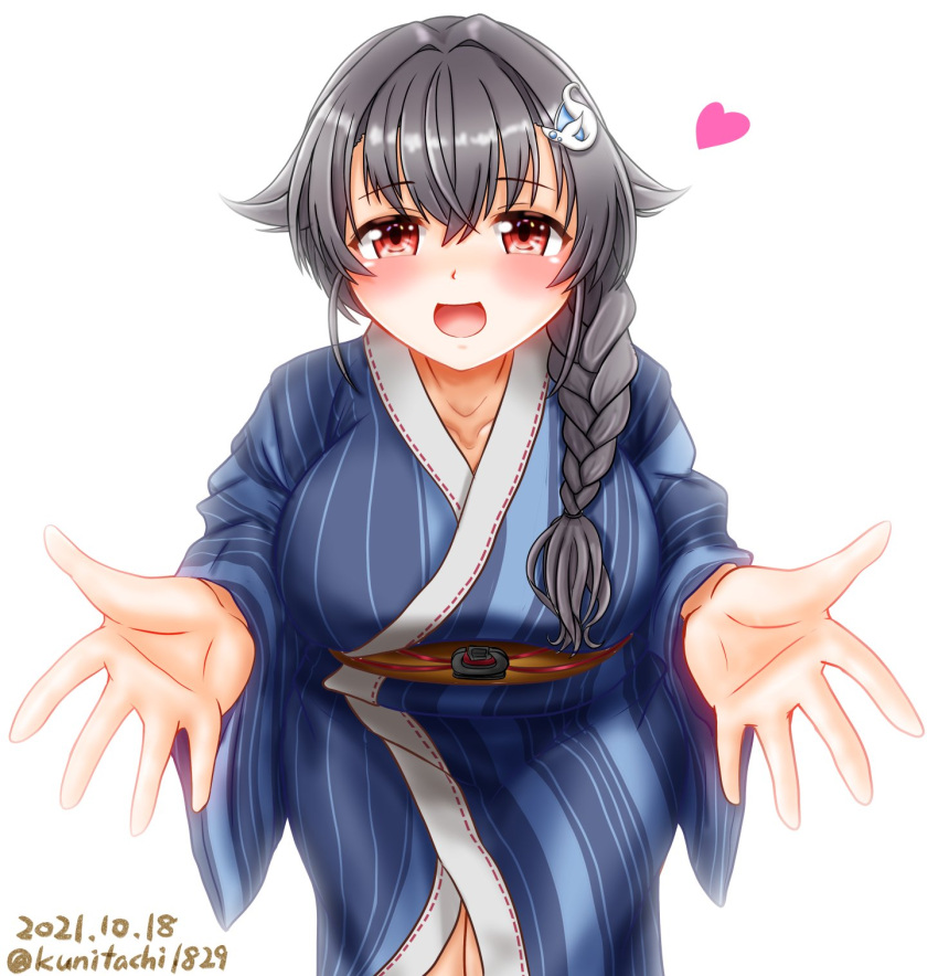 1girl bath_yukata black_hair blue_kimono braid breasts collarbone commentary_request cowboy_shot dated hair_flaps heart highres japanese_clothes jingei_(kancolle) kantai_collection kimono large_breasts long_hair looking_at_viewer low_ponytail one-hour_drawing_challenge outstretched_arms red_eyes single_braid solo striped striped_kimono twitter_username ura_tomomi yukata