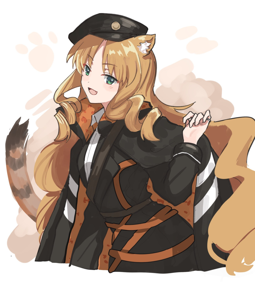 1girl :d animal_ears arknights beret black_headwear black_jacket black_shirt cropped_torso drill_hair fang green_eyes hat highres jacket long_hair looking_at_viewer mabing open_mouth paw_print pinky_ring shirt simple_background smile solo swire_(arknights) tail tiger_ears tiger_girl tiger_tail twin_drills undershirt upper_body very_long_hair white_background white_shirt