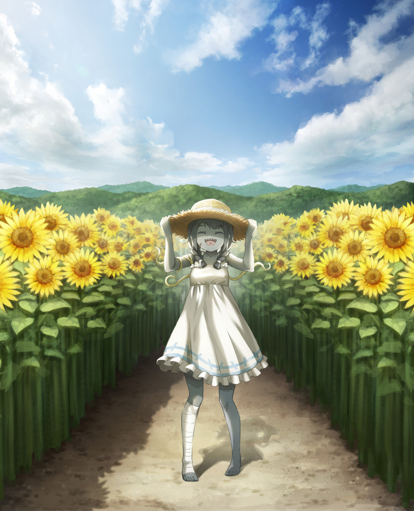 1girl :d ^_^ bandaged_leg bandages bare_shoulders barefoot blue_sky bow braid closed_eyes clouds cloudy_sky colored_skin dress eyebrows_visible_through_hair field flower flower_field grey_hair grey_skin hat highres hill holding holding_clothes holding_hat indie_virtual_youtuber noruka-soruka open_mouth piercing sharp_teeth sky smile solo straw_hat sun_hat sunflower sunlight teeth tentacles tongue_piercing twin_braids virtual_youtuber white_bow white_dress zombie zonbko