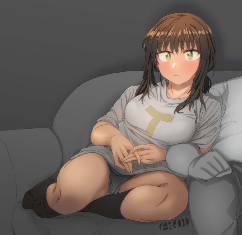 1boy 1girl absurdres admiral_(kancolle) alternate_costume bangs black_legwear blush breasts brown_hair couch ergot eyebrows_visible_through_hair fubuki_(kancolle) green_background green_eyes grey_panties hetero highres jewelry kantai_collection kneehighs low_ponytail medium_breasts panties ponytail ring shirt sidelocks signature simple_background sitting solo_focus t-shirt underwear wedding_band