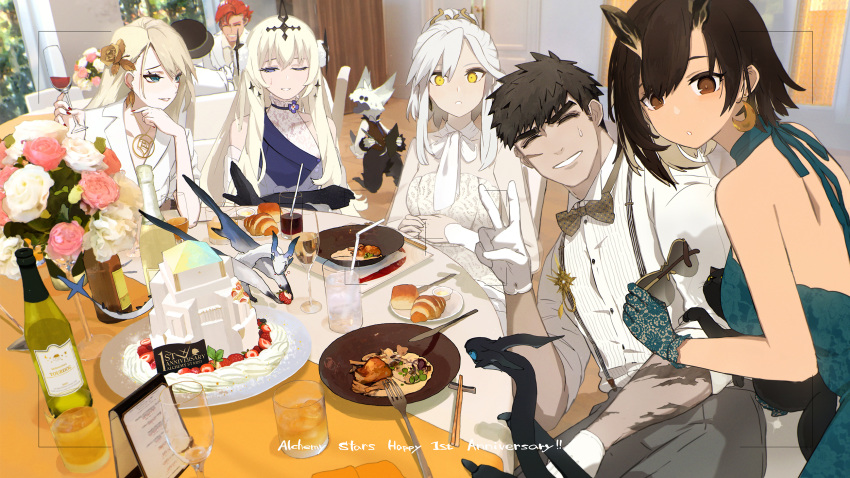 2boys 4girls ^_^ alchemy_stars alternate_costume anniversary backless_dress backless_outfit bangs bare_shoulders bethlehem_(alchemy_stars) black_hair blonde_hair blue_dress blue_eyes bow bowtie bread brown_eyes cake carleen_(alchemy_stars) cat champagne_bottle champagne_flute chopsticks closed_eyes collared_shirt colored_inner_hair creature cup dragon dress drinking_glass drinking_straw earrings facing_viewer flower food food_on_face fork fruit gloves green_eyes green_gloves grey_pants hair_flower hair_ornament highres holding holding_cup holding_eyewear horns indoors jacket jewelry knife lace lace_gloves long_hair looking_at_viewer menu multicolored_hair multiple_boys multiple_girls necklace one_eye_closed own_hands_together pants photo_background pittman_(alchemy_stars) plate ponytail redhead sariel_(alchemy_stars) scar scar_on_arm scar_on_face shirt short_hair siirakannu sinsa_(alchemy_stars) sitting sleeveless sleeveless_dress strapless strapless_dress strawberry sunglasses suspenders sweatdrop table teeth tourdog_(character) v very_short_hair victoria_(alchemy_stars) viewfinder white_dress white_gloves white_hair white_jacket white_shirt
