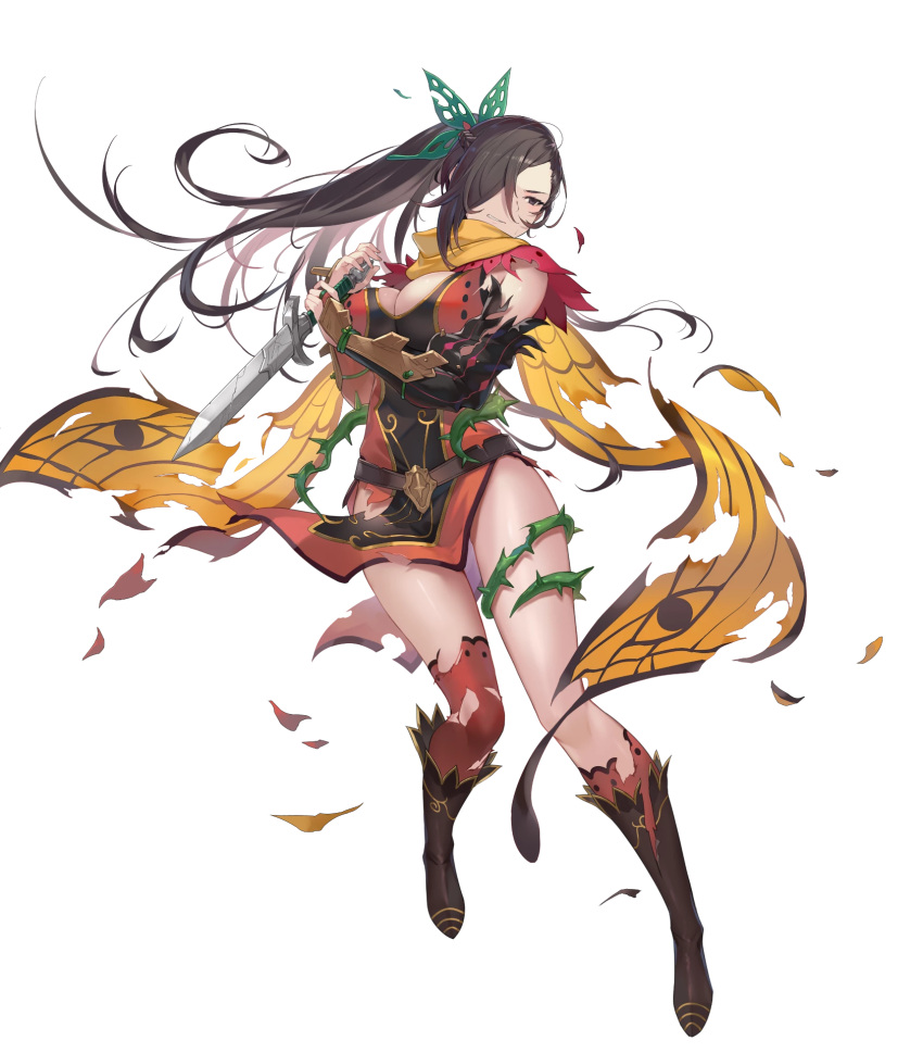 1girl alternate_costume armor asymmetrical_legwear bangs belt boots breasts brown_eyes brown_hair cape dagger dress fire_emblem fire_emblem_fates fire_emblem_heroes full_body hair_ornament hair_over_one_eye highres holding holding_dagger holding_weapon kagero_(fire_emblem) kakage knee_boots knife large_breasts long_hair looking_away official_art parted_lips reverse_grip shiny shiny_hair shiny_skin short_dress single_thighhigh solo thigh-highs thighs thorns tied_hair torn_clothes transparent_background weapon