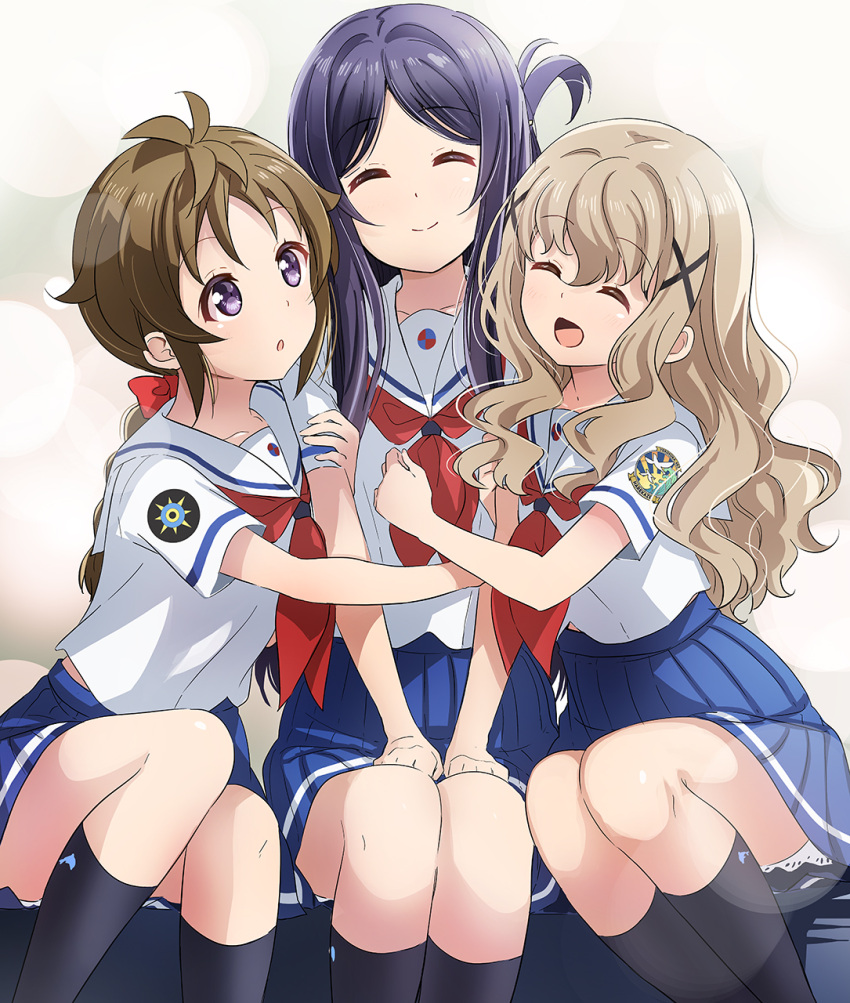 3girls abe_kanari badge black_legwear blue_skirt braid brown_hair closed_eyes commentary_request feet_out_of_frame folded_hair hair_ornament high_school_fleet highres kneehighs light_brown_hair long_hair marikouji_kaede multiple_girls neckerchief one_side_up pleated_skirt red_neckwear sailor_collar school_uniform serafuku short_sleeves single_braid sitting skirt uda_megumi white_sailor_collar x_hair_ornament yagi_tsugumi yokosuka_girls_marine_high_school_uniform