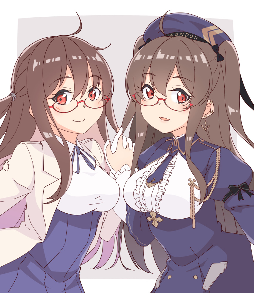 2girls anchor_earrings azur_lane beret breast_cutout breasts brown_hair center_frills character_name clone dress earrings frills gloves hat highres jacket jewelry london_(azur_lane) long_hair looking_at_viewer medium_breasts multiple_girls open_clothes open_jacket puffy_sleeves purple_dress purple_headwear red-framed_eyewear red_eyes retrofit_(azur_lane) semi-rimless_eyewear shirt sleeveless sleeveless_shirt smile upper_body white_gloves white_shirt yuki_shizuku