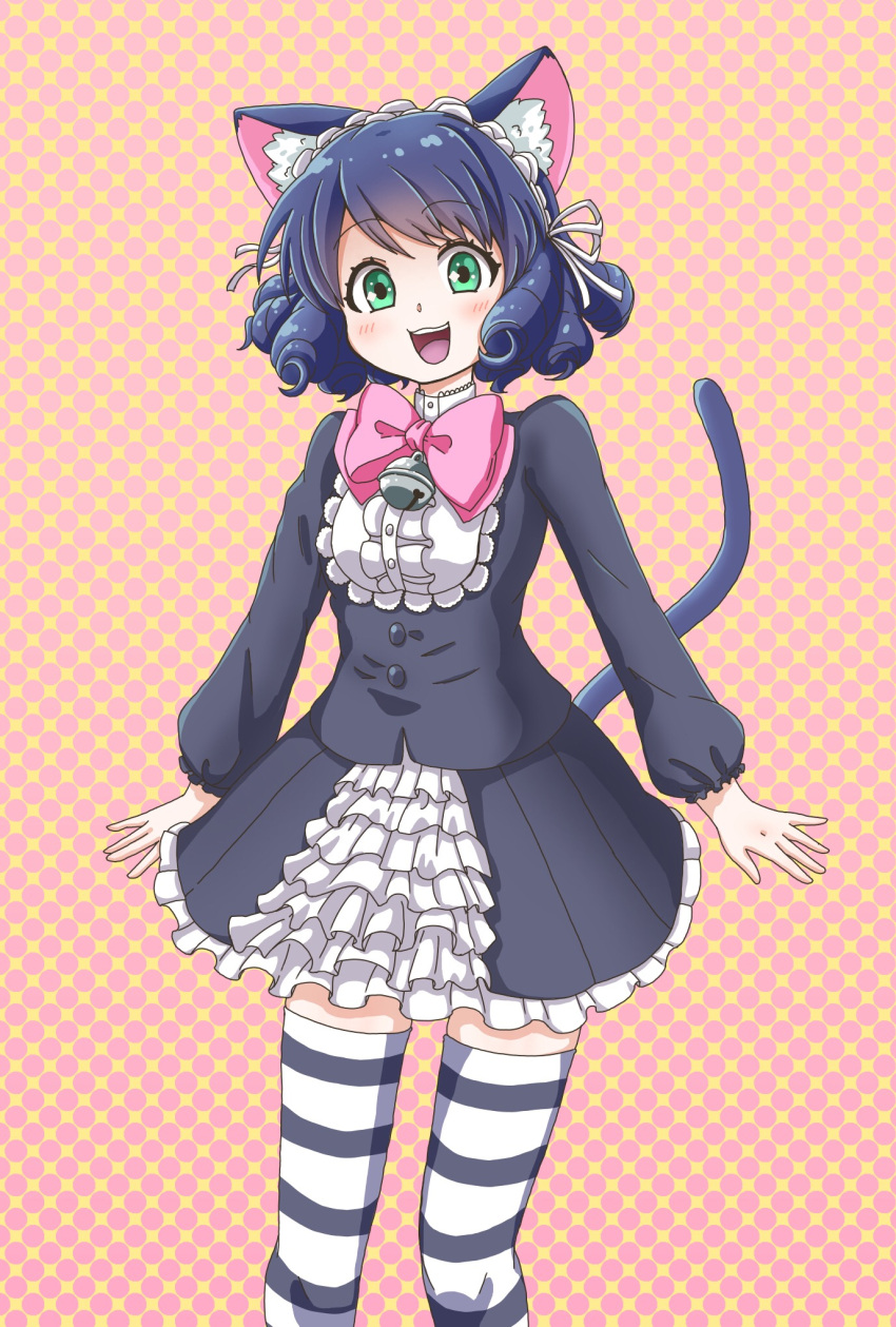 1girl :d animal_ears bell blue_hair bow cat_ears cat_tail cyan_(show_by_rock!!) dress frilled_dress frills gothic_lolita green_eyes highres lolita_fashion maid_headdress patterned_background pink_bow show_by_rock!! simple_background smile solo standing striped striped_legwear tail thigh-highs thousand_(sentyuu89)