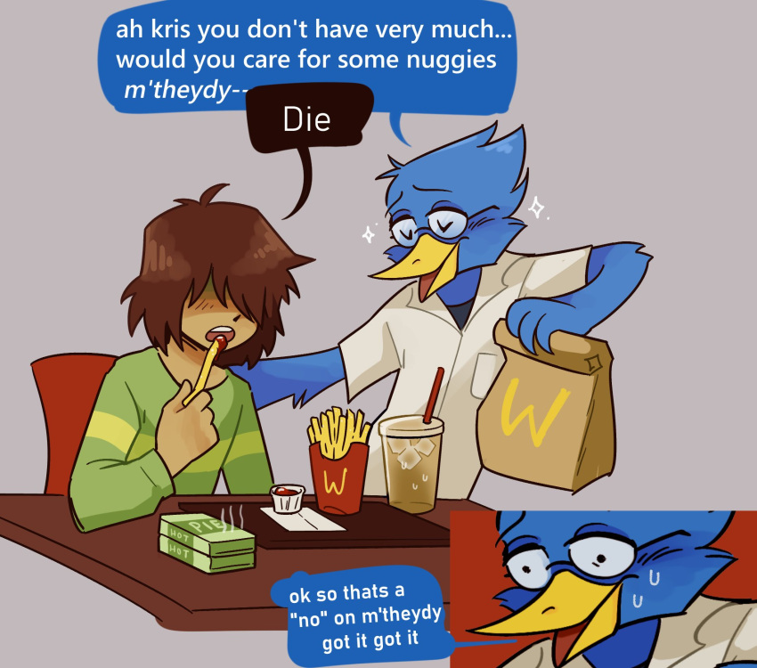 1boy 1other bag beak berdly_(deltarune) bird_boy comic cup deltarune english_text food french_fries grey_background ketchup kris_(deltarune) mcdonald's simple_background sitting speech_bubble unaloid