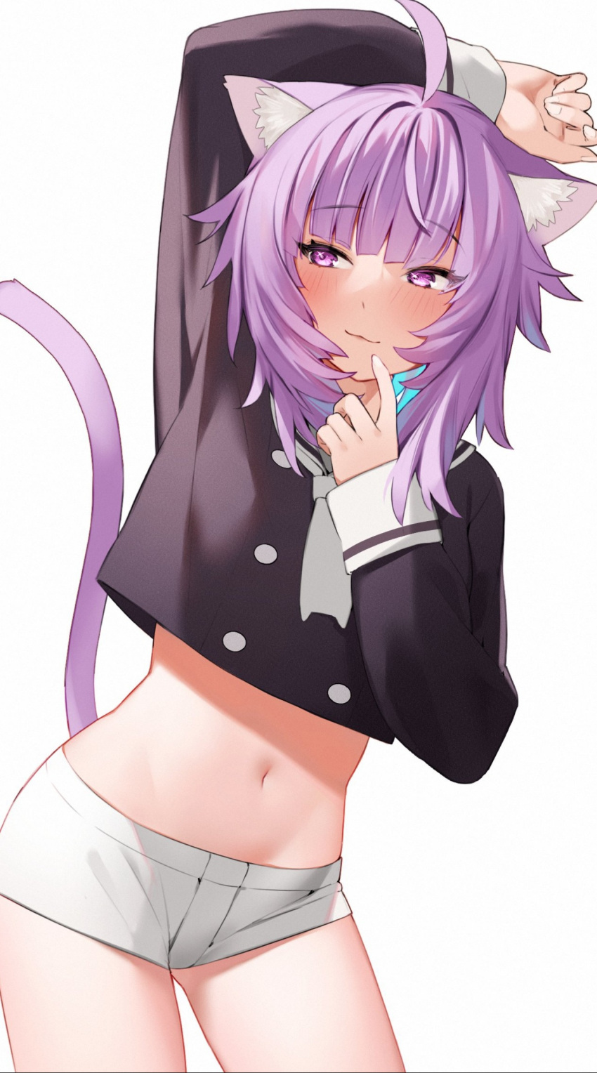 1girl :3 ahoge animal_ear_fluff animal_ears arm_up black_shirt cat_ears cat_girl cat_tail contrapposto cowboy_shot crop_top crop_top_overhang finger_to_mouth hand_up highres hololive hoshi_usagi long_sleeves looking_away micro_shorts midriff navel necktie nekomata_okayu purple_hair revision shirt short_shorts shorts simple_background smile solo stomach tail tail_raised thighs violet_eyes virtual_youtuber white_background white_shorts
