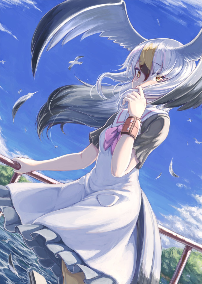 bird_girl bird_tail bird_wings black-tailed_gull_(kemono_friends) black_hair blonde_hair bow bowtie commentary_request cowboy_shot dress eyebrows_visible_through_hair frilled_dress frills grey_hair grey_sleeves hair_between_eyes head_wings highres kemono_friends long_hair multicolored_hair okyao purple_neckwear sailor_collar sailor_dress short_sleeves tail white_dress white_hair wings yellow_eyes