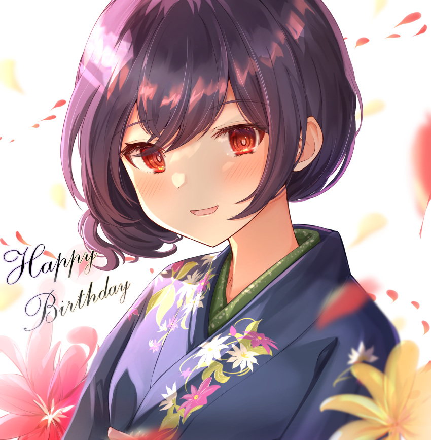 1girl absurdres bangs blue_kimono blush commentary_request eyebrows_visible_through_hair eyes_visible_through_hair floral_print flower happy_birthday highres idolmaster idolmaster_shiny_colors japanese_clothes kimono looking_at_viewer morino_rinze open_mouth petals print_kimono purple_hair red_eyes red_flower short_hair sky_cappuccino smile solo upper_body white_background yellow_flower