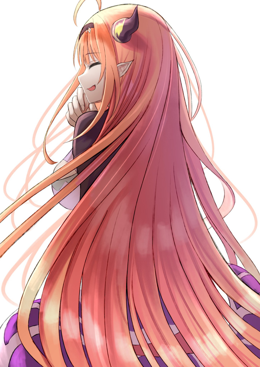 1girl :d ^_^ ahoge black_jacket breasts closed_eyes commentary_request dragon_girl dragon_horns dragon_tail from_behind hand_up highres hololive horns jacket kiryu_coco long_hair medium_breasts natsuki_(natukituki) open_mouth orange_hair pointy_ears profile simple_background smile solo tail very_long_hair virtual_youtuber white_background