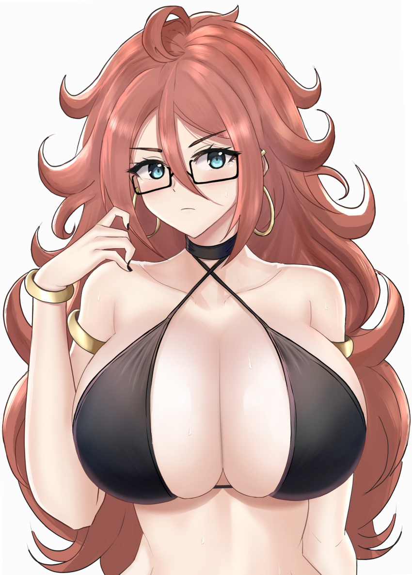 1girl absurdres android android_21 bikini blue_eyes breast_focus breasts brown_eyebrows brown_hair curly_hair desspie dragon_ball dragon_ball_fighterz earrings eyebrows eyebrows_visible_through_hair glasses highres hoop_earrings jewelry large_breasts long_hair looking_at_viewer navel simple_background solo swimsuit