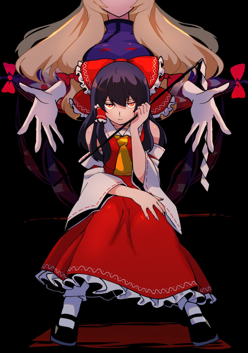 2girls ascot black_footwear black_hair blonde_hair bow breasts collar detached_sleeves disembodied_limb faceless gap_(touhou) gohei hair_bow hair_tubes hakurei_reimu head_on_hand highres iganashi1 large_breasts long_hair mary_janes multiple_girls nontraditional_miko red_bow red_eyes red_shirt red_skirt ribbon-trimmed_sleeves ribbon_trim shirt shoes sidelocks skirt skirt_set sleeveless small_breasts socks tabard thigh-highs touhou unamused white_collar white_legwear yakumo_yukari yellow_neckwear