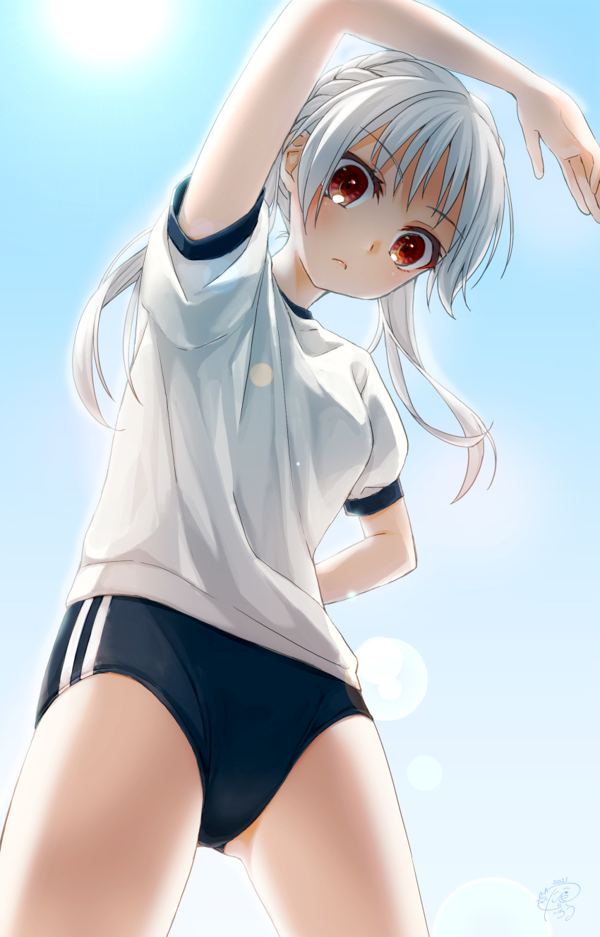 1girl absurdres blue_buruma blue_sky buruma closed_mouth eyebrows_visible_through_hair gym_shirt gym_uniform highres looking_at_viewer medium_hair nyaa5rou original outdoors red_eyes shirt sidelocks sky solo standing thighs white_hair