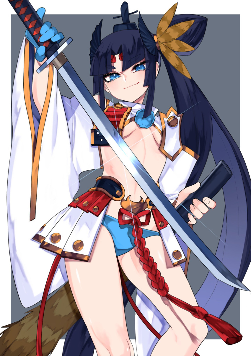 1girl armor bangs black_hair blue_eyes blue_gloves blue_panties breasts circlet detached_sleeves eyebrows_visible_through_hair fate/grand_order fate_(series) gloves hacco_mayu hat highres holding holding_sword holding_weapon katana long_hair looking_at_viewer panties revealing_clothes sheath side_ponytail single_glove smile solo sword underwear ushiwakamaru_(fate) very_long_hair weapon