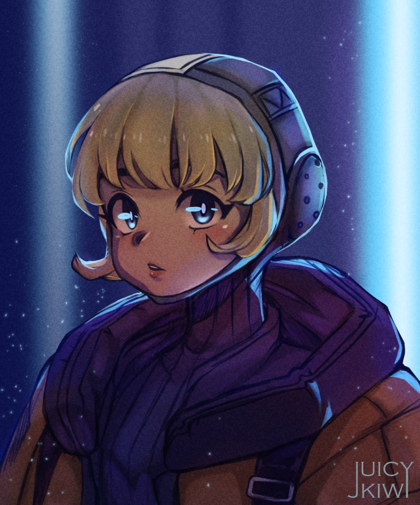 1girl animification apex_legends artist_name bangs blue_bodysuit blue_headwear blush bodysuit english_commentary eyebrows_behind_hair highres hood hooded_jacket jacket looking_at_viewer orange_jacket parted_lips portrait ribbed_bodysuit solo wattson_(apex_legends) wiki_(juicykiwi)