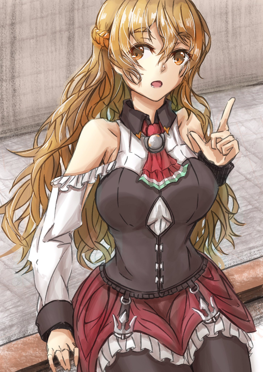 1girl bare_shoulders black_legwear blonde_hair bodice braid breasts brown_eyes commentary detached_sleeves eyebrows_visible_through_hair french_braid hair_between_eyes highres kantai_collection large_breasts long_hair miniskirt open_mouth pantyhose red_skirt shirt sitting skirt solo tonke wavy_hair white_shirt zara_(kancolle)