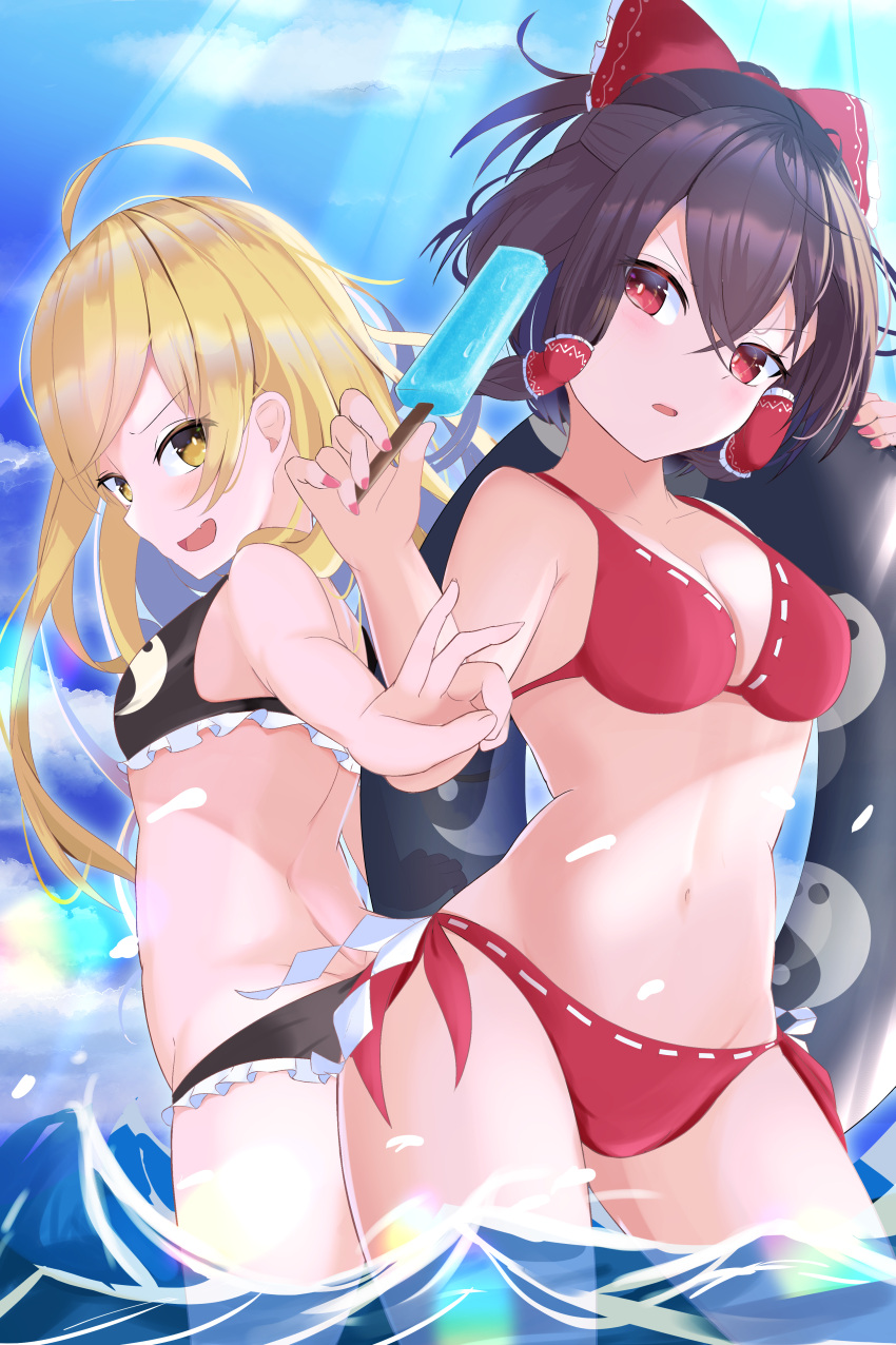 2girls absurdres ahoge ass-to-ass back bikini black_bikini black_swimsuit blonde_hair blue_sky bow breasts brown_hair clouds cloudy_sky collarbone cowboy_shot eyebrows_visible_through_hair food frilled_bikini frilled_bikini_bottom frilled_bow frilled_hair_tubes frilled_swimsuit frills hair_between_eyes hair_bow hair_tubes hakurei_reimu highres holding holding_innertube innertube kirisame_marisa light_rays looking_at_viewer looking_back medium_breasts multiple_girls navel open_mouth oreo_kirisame outdoors partially_submerged popsicle red_bikini red_bow red_eyes red_nails red_swimsuit sky small_breasts standing swimsuit touhou water yellow_eyes yin_yang