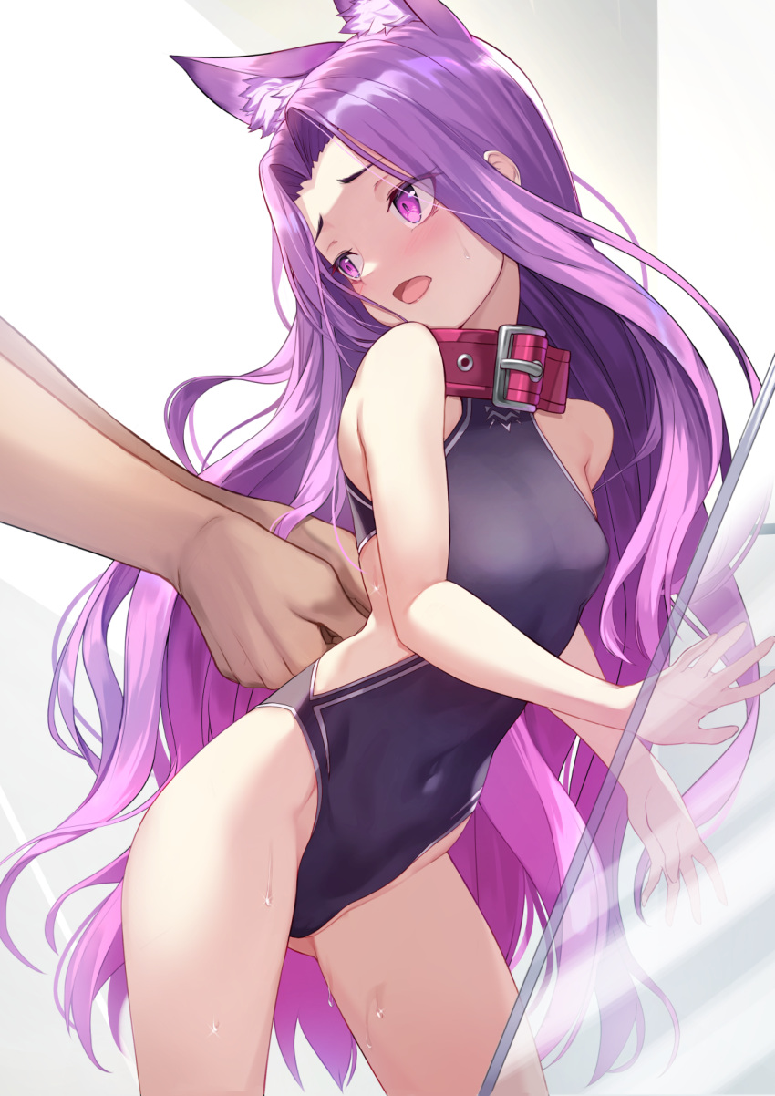 1girl animal_ears bangs bare_shoulders black_leotard breasts cat_ears collar covered_navel fate/grand_order fate_(series) forehead highleg highleg_leotard highres leotard long_hair looking_back medusa_(fate) medusa_(lancer)_(fate) open_mouth parted_bangs purple_collar purple_hair rui_rubellent sidelocks small_breasts solo_focus thighs very_long_hair violet_eyes